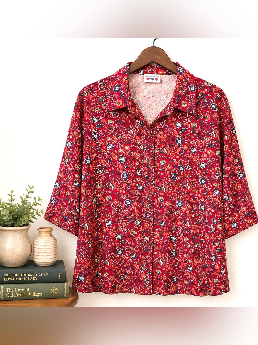 Vintage 90s Red Folk Floral Button Down Blouse L